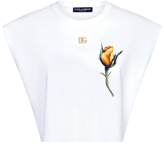 White Floral-Appliqué Cropped T-Shirt