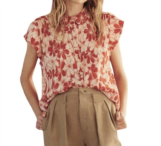 button up wren top in burnt red hibiscus flower