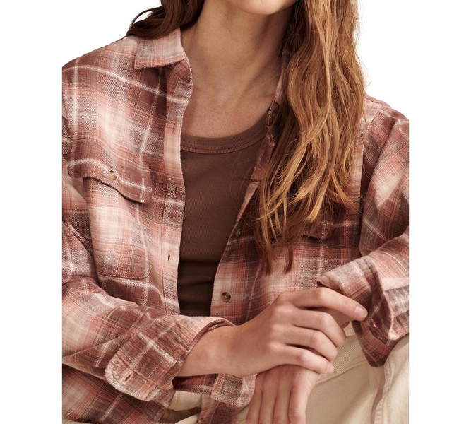 Women's Cotton Raw Edge Plaid Cropped Button Down Top