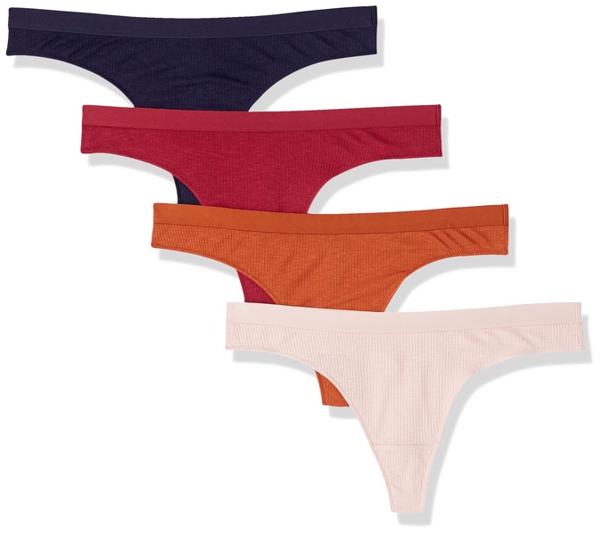 Amazon Essentials Women's Ribbed Cotton Thong Underwear, Pack of 4