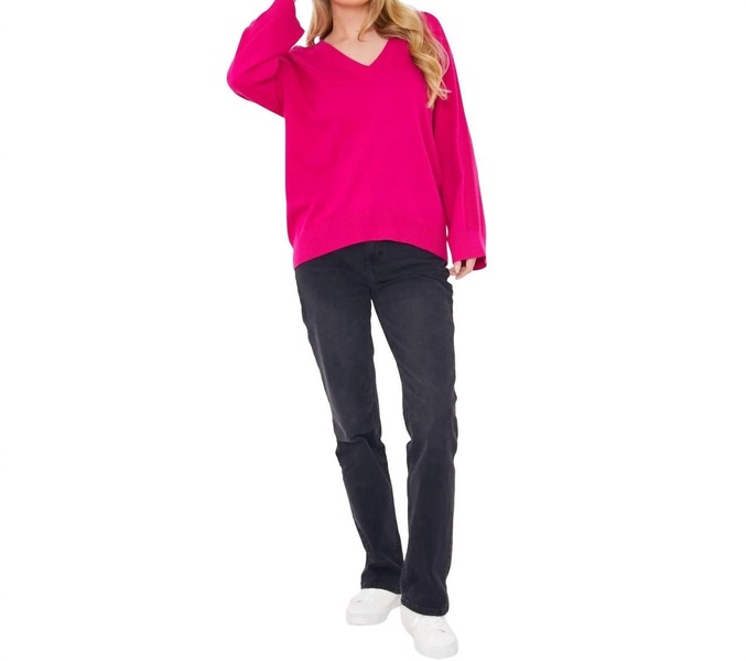 saddle shoulder rib knit sweater in fuschia