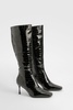 High Shine Croc Pointed Toe Heeled Boots