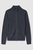 Merino Wool Zip-Through Funnel-Neck Cardigan in Dark Airforce Blue Melange