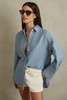 Relaxed Fit Lyocell Linen Button Through Shirt in Blue