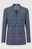 Slim Fit Wool Linen Check Double Breasted Blazer in Indigo