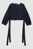 Cropped Blouson Sleeve Top With Linen in Navy