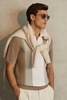 Open-Stitch Half-Zip Polo Shirt in Camel/White