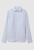 Linen Button-Through Shirt in Soft Blue Herringbone Stripe