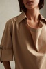 Cotton Blend Collared Cowl Neck Shirt in Stone