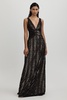 Halston Plunge Neck Sequin Maxi Dress in Black