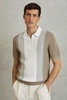 Open-Stitch Half-Zip Polo Shirt in Camel/White