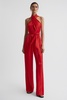 Satin Halter Neck Fitted Jumpsuit in Red