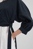 Cropped Blouson Sleeve Top With Linen in Navy