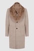 Wool Check Faux Fur Lapel Coat in Oatmeal