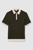 Cotton Blend Cable Knit Half Zip Polo Shirt in Khaki Green/Off White/Camel