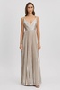 Halston Metallic Pleated Maxi Dress in Nude