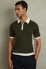 Cotton Blend Cable Knit Half Zip Polo Shirt in Khaki Green/Off White/Camel