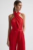 Satin Halter Neck Fitted Jumpsuit in Red