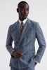 Slim Fit Wool Linen Check Double Breasted Blazer in Indigo