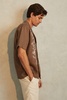 Linen Embroidered Cuban Collar Shirt in Tobacco Brown