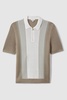 Open-Stitch Half-Zip Polo Shirt in Camel/White