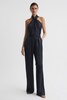 Satin Halter Neck Fitted Jumpsuit in Midnight Navy