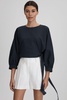 Cropped Blouson Sleeve Top With Linen in Navy