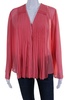 womens pleated v-neck long sleeve button up blouse top pink