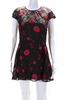 womens embroidered floral print pleated zipped dress black