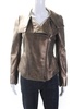 womens long sleeve front zip collared metallic leather jacket brown