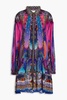 Crystal-embellished printed silk crepe de chine mini shirt dress