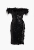 Off-the-shoulder feather-embellished sequined tulle dress