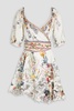 Embellished floral-print linen mini wrap dress