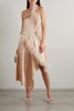 One-shoulder asymmetric feather-trimmed silk-satin dress