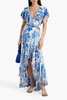 Crystal-embellished ruffled silk-crepe wrap dress