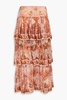 Tiered printed silk-crepon midi skirt