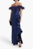 Off-the-shoulder feather-trimmed ruffled faille gown