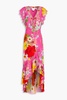 Embellished ruffled floral-print silk crepe de chine wrap dress