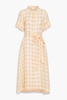 Belted checked linen-blend gauze midi shirt dress