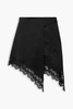 Asymmetric wrap-effect lace-trimmed satin mini skirt