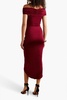 Off-the-shoulder cutout ruched satin-jersey midi dress