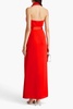 Lacey belted wrap-effect satin-crepe halterneck gown