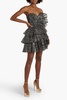 Strapless ruffled sequined tulle mini dress