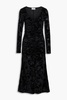 Ruched velvet-jacquard midi dress