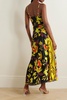 Asymmetric printed duchesse-satin maxi dress