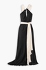 Belted two-tone cutout silk-satin gown