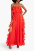 Strapless ruffled plissé-chiffon gown