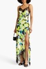 Sage lace-trimmed printed satin maxi dress