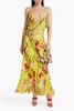 Crystal-embellished ruffled printed silk crepe de chine maxi wrap dress