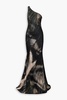 One-shoulder printed stretch-silk maxi dress